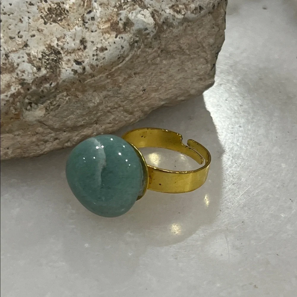 Green Aventurine Stone Ring Adjustable Gold Tone Band Handmade Jewelry